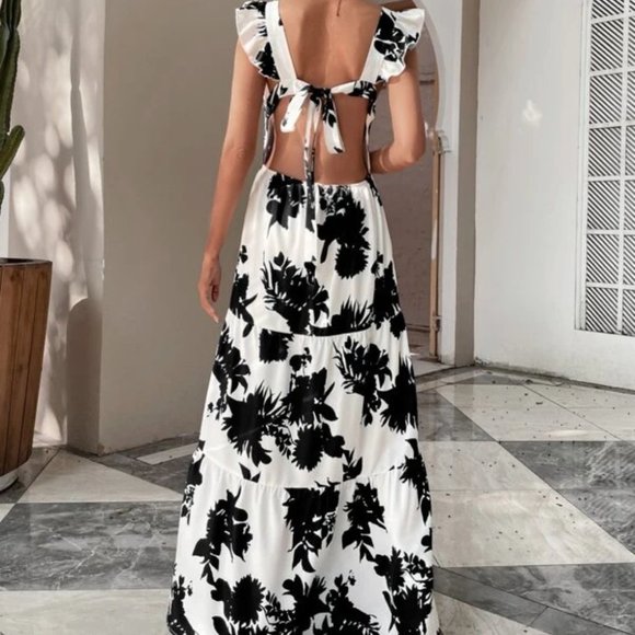 black floral butterfly sleeve ruffle hem tie back dress - Picture 7 of 8